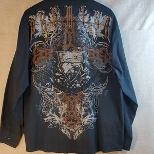 XXL Eighty-Eight  Affliction Long Sleeved Button Down- Gold Cross Design Y2K